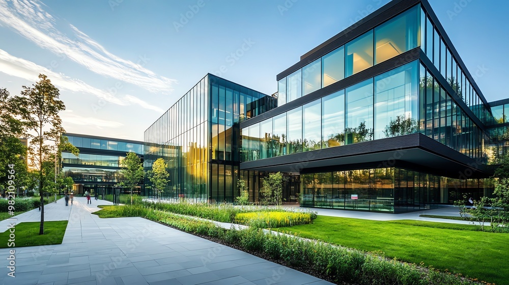 Obraz premium Modern glass office building with a landscaped courtyard.