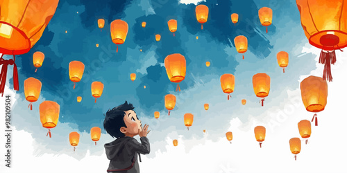 Landscape A young boy and girl  with glowing sky lanterns floating in the sky digital vector illustration. cartoon illustration.