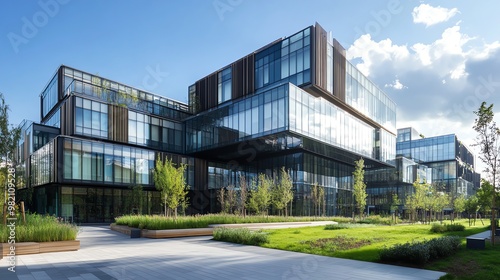 A modern office building with a glass facade and landscaped grounds.