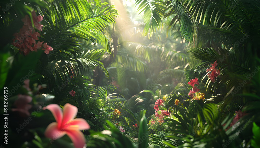 A lush jungle scene with vibrant green leaves and exotic flowers, bringing the warmth of the tropics to your screen A lush jungle scene with vibrant green leaves and exotic flowers, bringing the warmth of the tropics to your screen