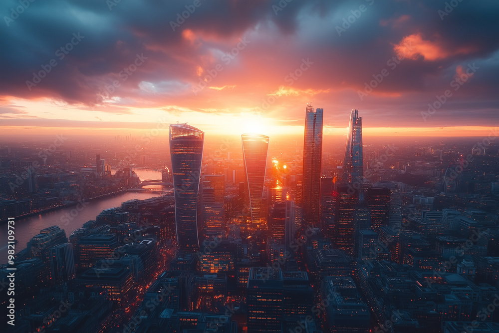 Aerial shot of a bustling city as the sun sets, skyscrapers illuminated with golden and pink reflections Aerial shot of a bustling city as the sun sets, skyscrapers illuminated with golden and pink reflections