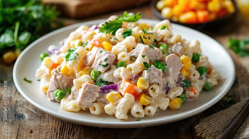 Creamy macaroni salad with tuna, elbow pasta, carrots, purple cabbage, corn, tomatoes, and green peas, served in a white plate on a wooden table, perfect for a homemade meal. Creamy macaroni salad with tuna, elbow pasta, carrots, purple cabbage, corn, tomatoes, and green peas, served in a white plate on a wooden table, perfect for a homemade meal.