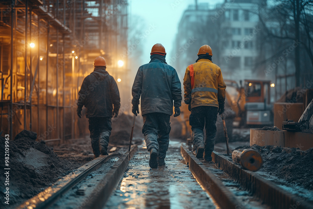 Workers operating machinery on a building project Workers operating machinery on a building project