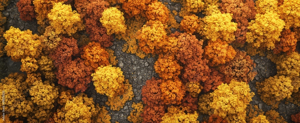 Hyper-realistic aerial view of an autumn forest showcasing vibrant yellow, orange, and golden hues. The dense canopy forms a natural mosaic, with detailed treetops, river, and rocks. Sunlight casts Hyper-realistic aerial view of an autumn forest showcasing vibrant yellow, orange, and golden hues. The dense canopy forms a natural mosaic, with detailed treetops, river, and rocks. Sunlight casts