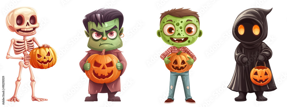 Set of monster character in cartoon style holding a jack o lantern, isolate on transparent background Set of monster character in cartoon style holding a jack o lantern, isolate on transparent background