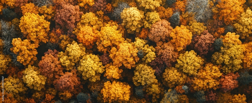 Hyper-realistic aerial view of an autumn forest showcasing vibrant yellow, orange, and golden hues. The dense canopy forms a natural mosaic, with detailed treetops, river, and rocks. Sunlight casts Hyper-realistic aerial view of an autumn forest showcasing vibrant yellow, orange, and golden hues. The dense canopy forms a natural mosaic, with detailed treetops, river, and rocks. Sunlight casts