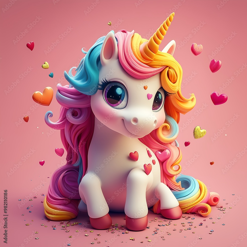 Isometric 3D unicorn with rainbow mane, surrounded by sparkles and hearts. Isometric 3D unicorn with rainbow mane, surrounded by sparkles and hearts.