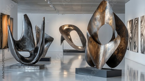 Modern art gallery with three abstract metal sculptures on display.