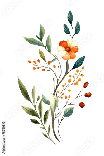 A beautiful watercolor flower illustration featuring vibrant petals and delicate leaves, perfect for nature-themed designs.