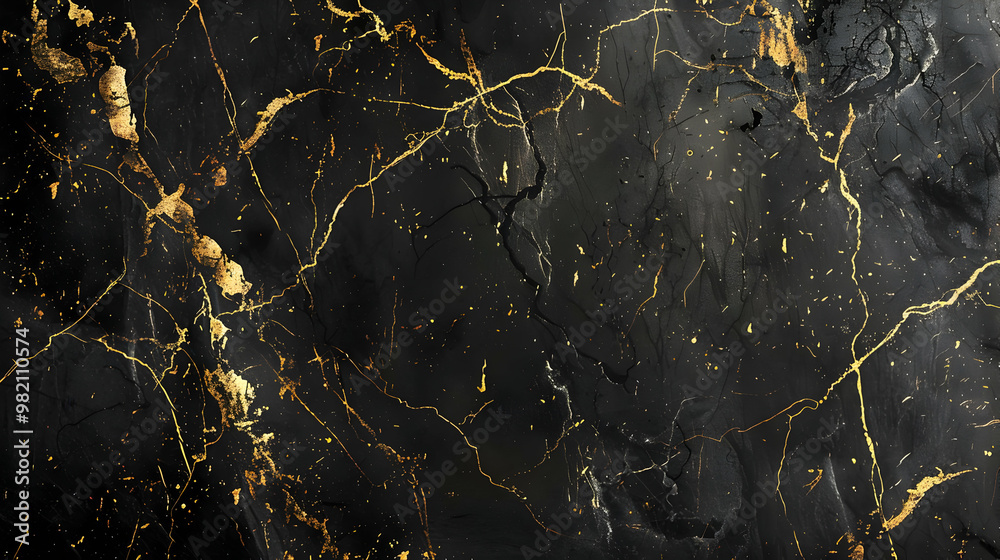 Abstract Black and Gold Marble Texture Background with Intricate Veining and Glittering Gold Accents