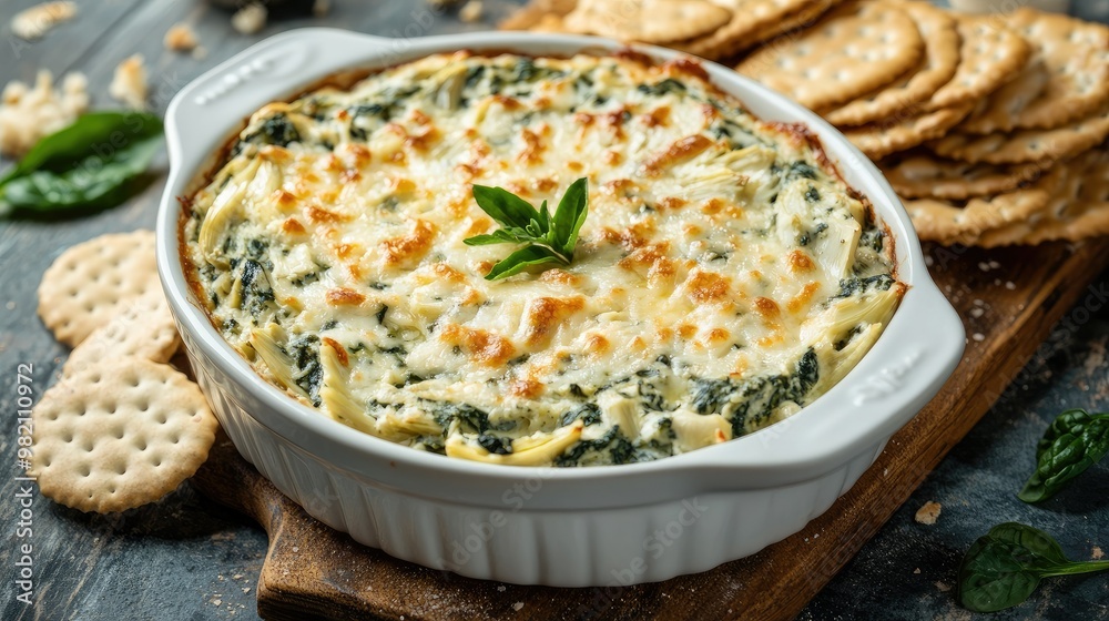 Creamy spinach artichoke dip served with crunchy crackers and toasted bread on the side. A delicious and cheesy appetizer, perfect for sharing. Creamy spinach artichoke dip served with crunchy crackers and toasted bread on the side. A delicious and cheesy appetizer, perfect for sharing.