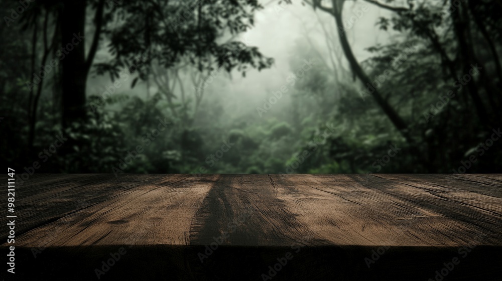 Rustic wooden table in a misty forest, perfect for product display or mockup with a natural, serene background. Rustic wooden table in a misty forest, perfect for product display or mockup with a natural, serene background.