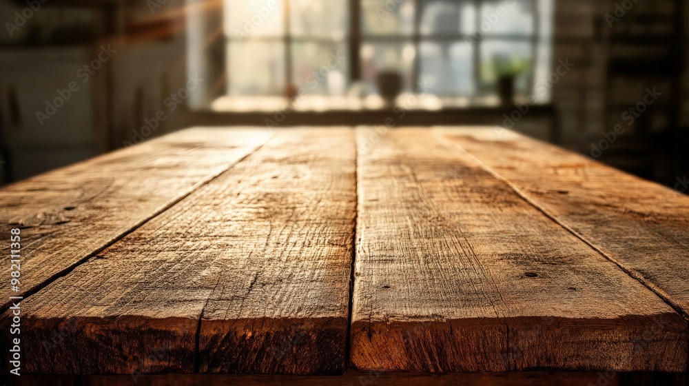Rustic wooden table in a sunlit room with a blurred background. Perfect for concepts of warmth, simplicity, and natural living. Rustic wooden table in a sunlit room with a blurred background. Perfect for concepts of warmth, simplicity, and natural living.