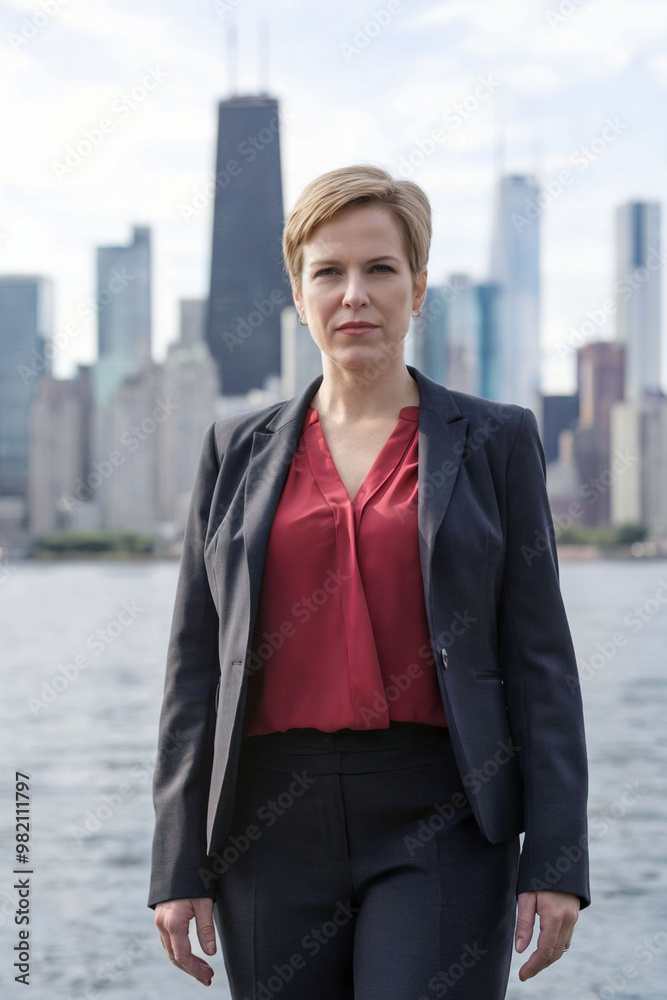 Powerful business woman in formal wear with urban skyline backdrop Powerful business woman in formal wear with urban skyline backdrop