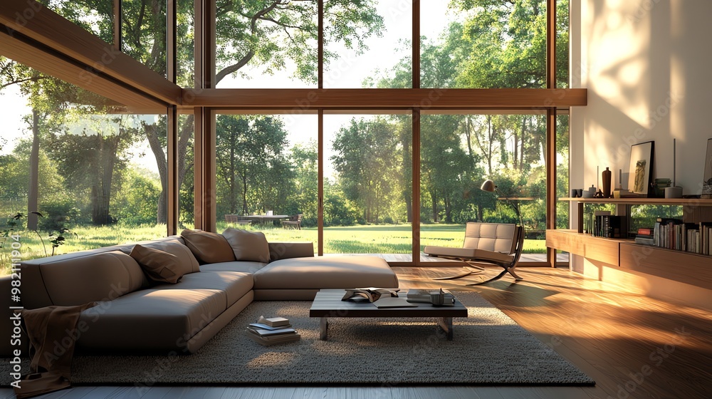A modern living room with large windows overlooking a green lawn and trees. A modern living room with large windows overlooking a green lawn and trees.