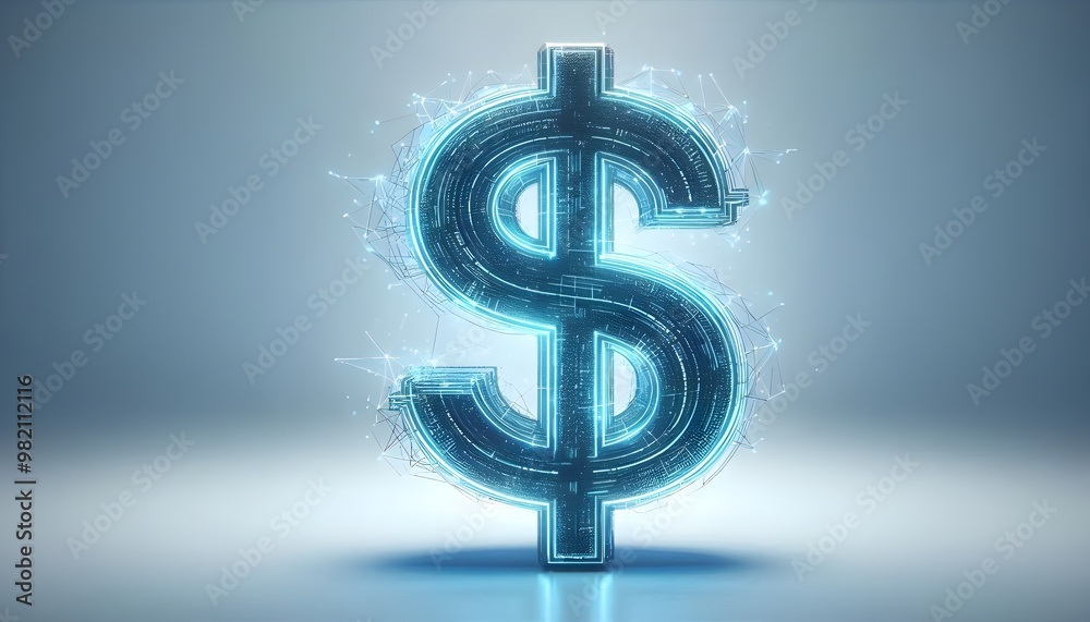Digital hologram of a dollar sign with blue lines and data points on a white background. Concept of virtual financial transactions. 3D Rendering Digital hologram of a dollar sign with blue lines and data points on a white background. Concept of virtual financial transactions. 3D Rendering