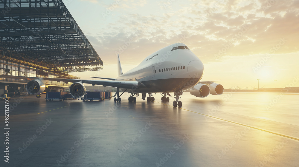 Large cargo plane at a modern logistics facility, with a bustling loading area and shipping containers, ready for international shipment photo