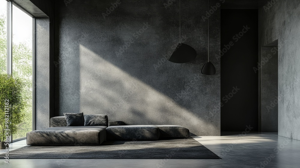 Minimalist black toned design room with concrete walls, showcasing a simple and modern interior design. High quality realistic scenes, highlighting the urban industrial style Minimalist black toned design room with concrete walls, showcasing a simple and modern interior design. High quality realistic scenes, highlighting the urban industrial style