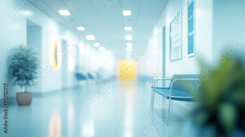 Defocused view of a bright hospital clinic with blurred hallways and reception areas, ideal for healthcare visuals or medical office backgrounds.