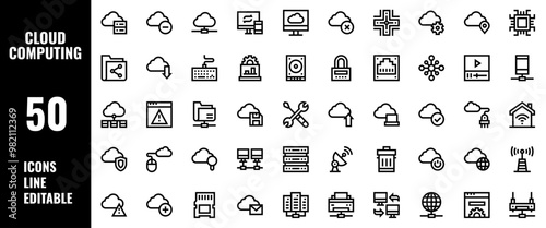 50 Cloud Computing Icons Set Pack Line Editable Vector Illustration