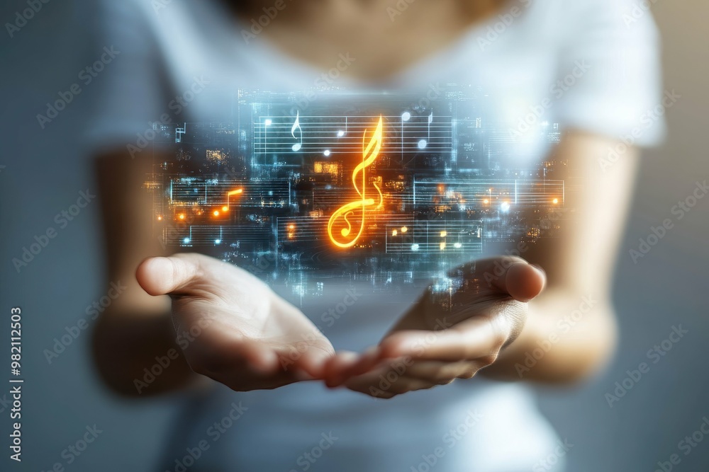 Hologram of a music note from entertainment in womans hands