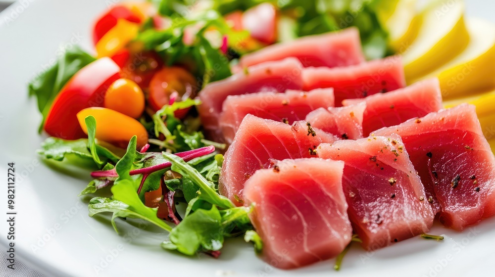 Delicate slices of raw tuna arranged with a fresh vegetable salad on a white plate, creating a vibrant and nutritious dish with bright colors. Delicate slices of raw tuna arranged with a fresh vegetable salad on a white plate, creating a vibrant and nutritious dish with bright colors.