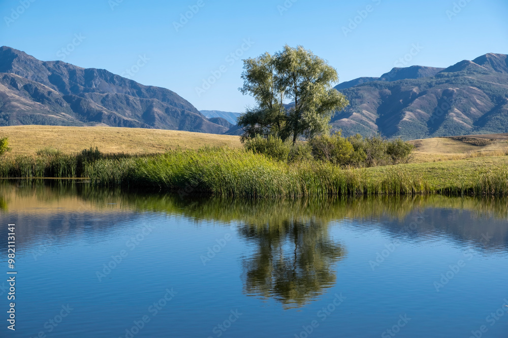 A small lake in the mountains is completely calm, the mirror of the water reflects the surrounding summer landscape.