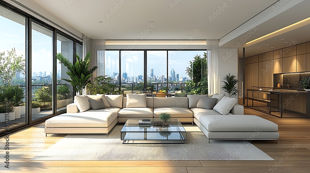 Interior sketch of a modern living room layout with a sectional sofa, glass-top coffee table, and large windows, soft natural light entering the room, featuring minimalist decor and sleek, Interior sketch of a modern living room layout with a sectional sofa, glass-top coffee table, and large windows, soft natural light entering the room, featuring minimalist decor and sleek,