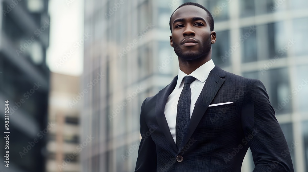 A Black Man in a Suit Looking Upward in a Cityscape A Black Man in a Suit Looking Upward in a Cityscape