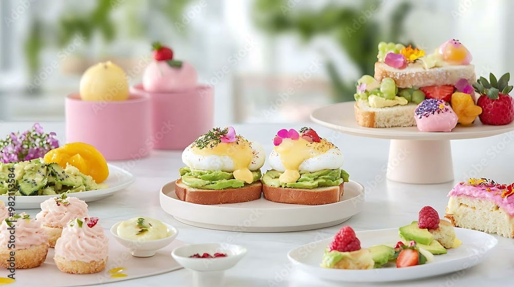 An inviting brunch scene with a beautifully set table, featuring perfectly cooked eggs Benedict, avocado toast, and colorful seasonal fruits, all styled harmoniously. The soft-focus background An inviting brunch scene with a beautifully set table, featuring perfectly cooked eggs Benedict, avocado toast, and colorful seasonal fruits, all styled harmoniously. The soft-focus background