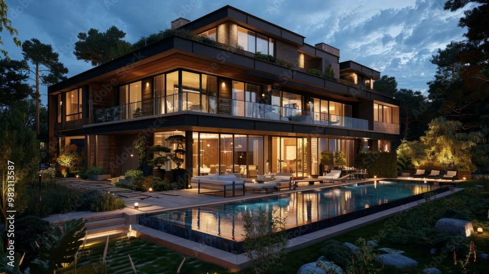 3D rendering of a big contemporary villa in dark wood with impressive garden and pool in the evening 3D rendering of a big contemporary villa in dark wood with impressive garden and pool in the evening