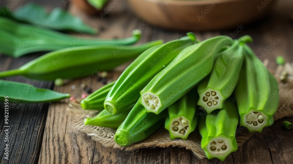 Fresh Green Okra Pods on Wooden Background Fresh Green Okra Pods on Wooden Background