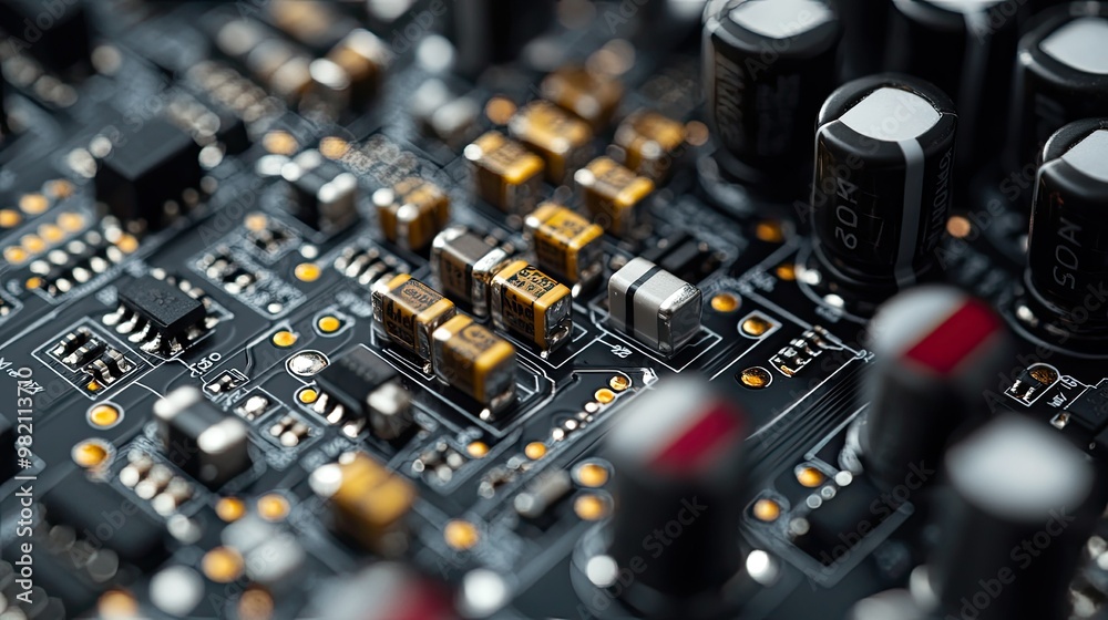 Detailed view of a wireless audio circuit board, featuring tiny resistors and connectors, sharply focused on a white isolated background. Detailed view of a wireless audio circuit board, featuring tiny resistors and connectors, sharply focused on a white isolated background.