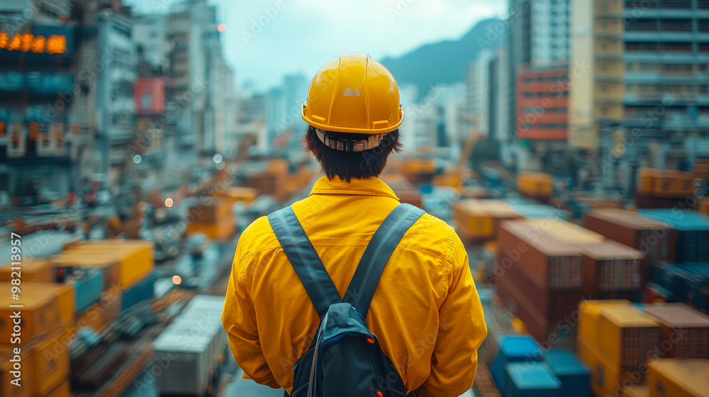 Worker in a yellow jacket and helmet overlooking a busy shipping yard filled with containers in a bustling urban area Worker in a yellow jacket and helmet overlooking a busy shipping yard filled with containers in a bustling urban area