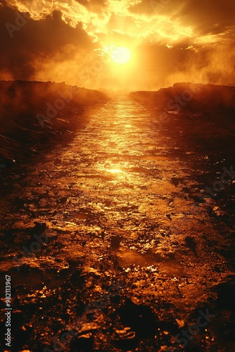 Sunset over the ocean with vibrant orange hues reflecting on the water, creating a romantic and beautiful evening landscape photo