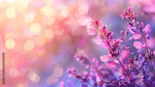 Delicate pink and purple flowers on a soft bokeh background. AI generative. . photo