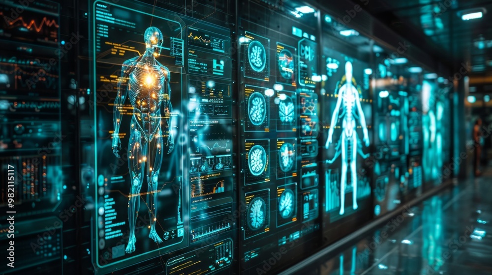 Futuristic medical screens with glowing blue human skeletons and brain scans. AI generative. . Futuristic medical screens with glowing blue human skeletons and brain scans. AI generative. .