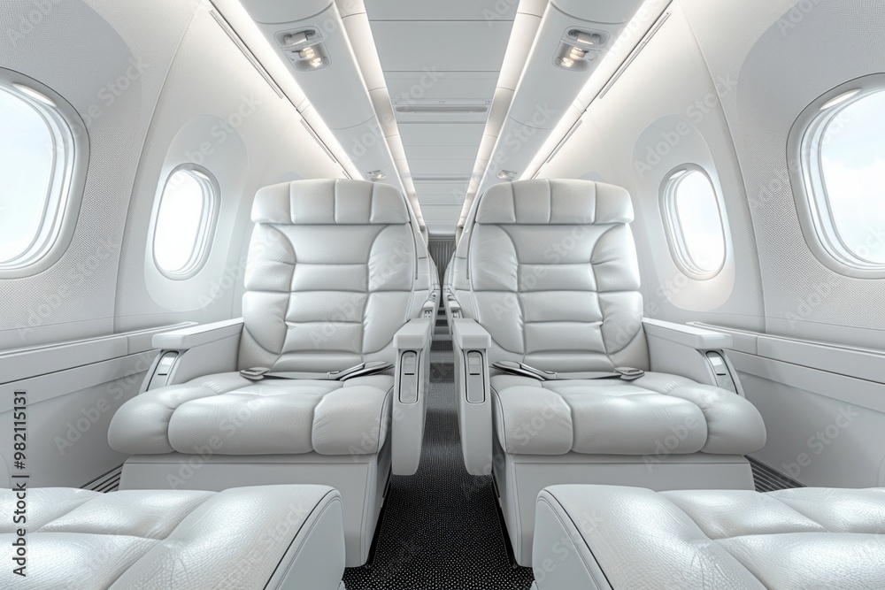 Two white airplane seats with padded leather, overhead compartments, and windows, AI generative. . Two white airplane seats with padded leather, overhead compartments, and windows, AI generative. .