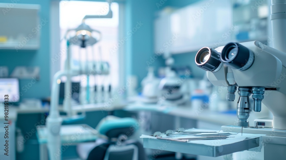 Dental tools and a microscope on a tray in a dentist's office. AI generative. . Dental tools and a microscope on a tray in a dentist's office. AI generative. .