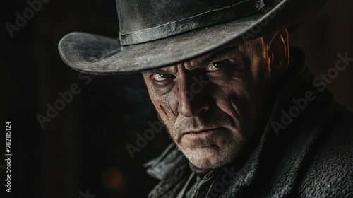 Close-up of a vampire sheriff in vintage western attire, his sharp fangs gleaming under the pale moonlight. The dusty texture of his coat contrasts with the dark, empty space behind him, leaving room