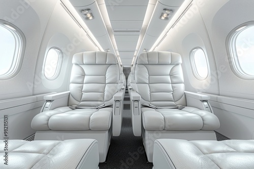 Two white airplane seats with padded leather, overhead compartments, and windows, AI generative. .