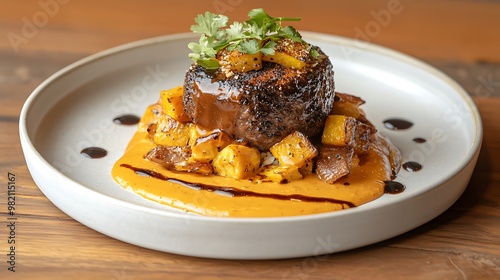 A close-up shot of a perfectly plated gourmet dish featuring locally sourced ingredients, highlighted against a rustic wooden background. The rich textures and intricate details of the food create an