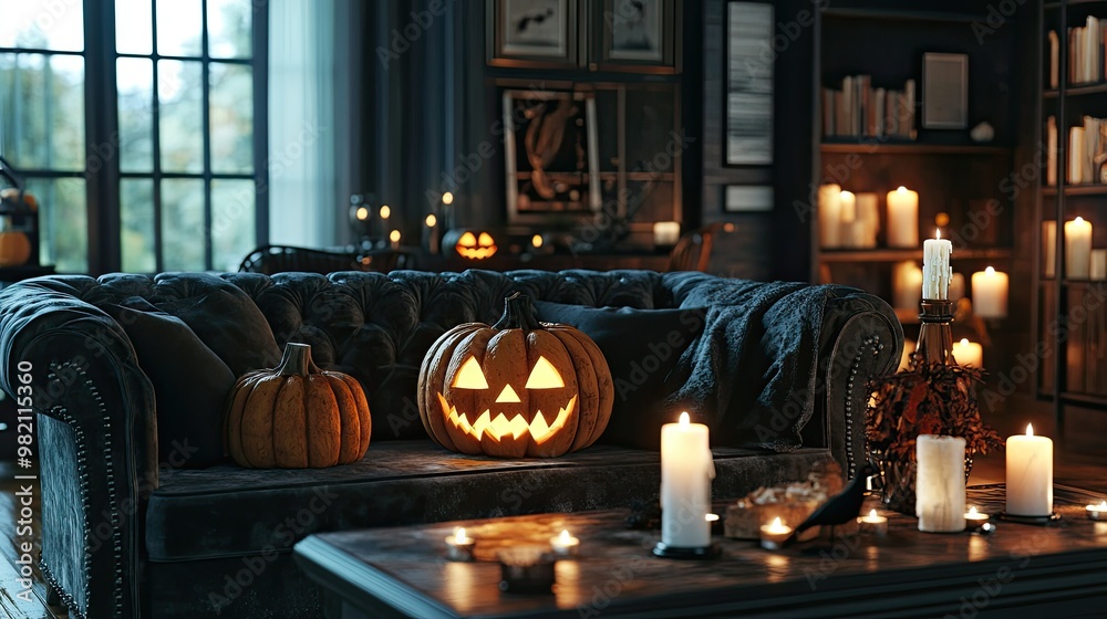 Fototapeta premium Elegant yet spooky living room interior with carved pumpkins and candles flickering, casting a haunting glow on the dark furniture.