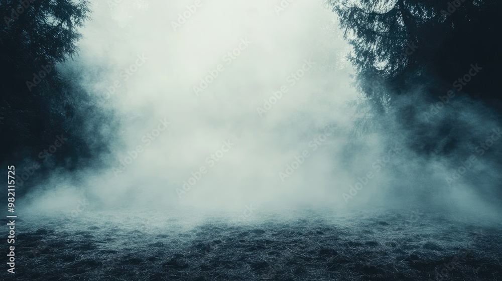 Ethereal white fog creeping across the ground, creating a dreamy and mystical atmosphere, perfect for adding depth to theatrical scenes, photoshoots, or events.