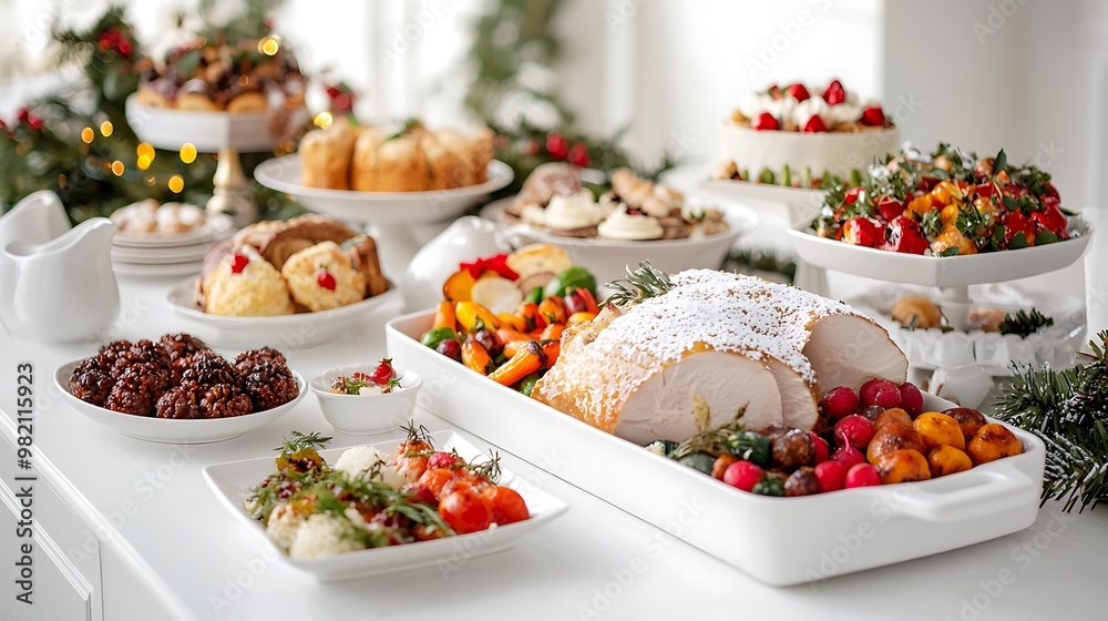 A beautifully arranged table featuring an assortment of gourmet holiday dishes, including a succulent roast turkey, vibrant seasonal vegetables, and decadent desserts. The setting is adorned with A beautifully arranged table featuring an assortment of gourmet holiday dishes, including a succulent roast turkey, vibrant seasonal vegetables, and decadent desserts. The setting is adorned with