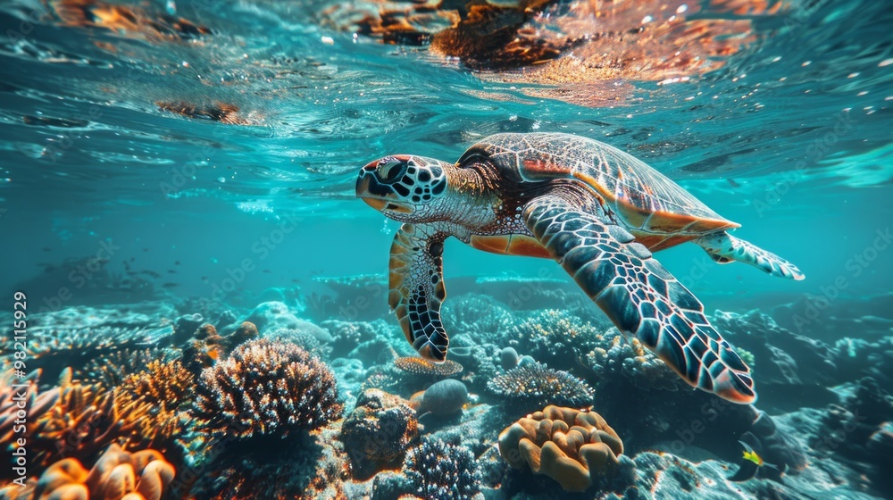 Obraz premium A sea turtle swims through a coral reef, its shell shimmering with vibrant colors. AI generative. .