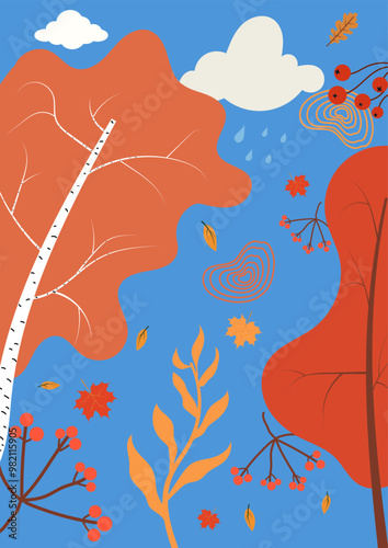 Autumn, fall illustration, birch, maple, leaves, clouds, rain