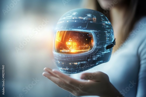 Hologram of a skateboard helmet from extreme sports in womans hands photo