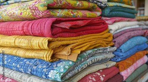 Colorful display of vibrant textiles with rich textures in a neatly stacked arrangement