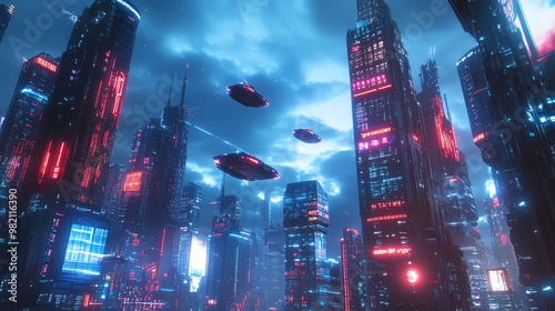Flying cars in a futuristic city at night.